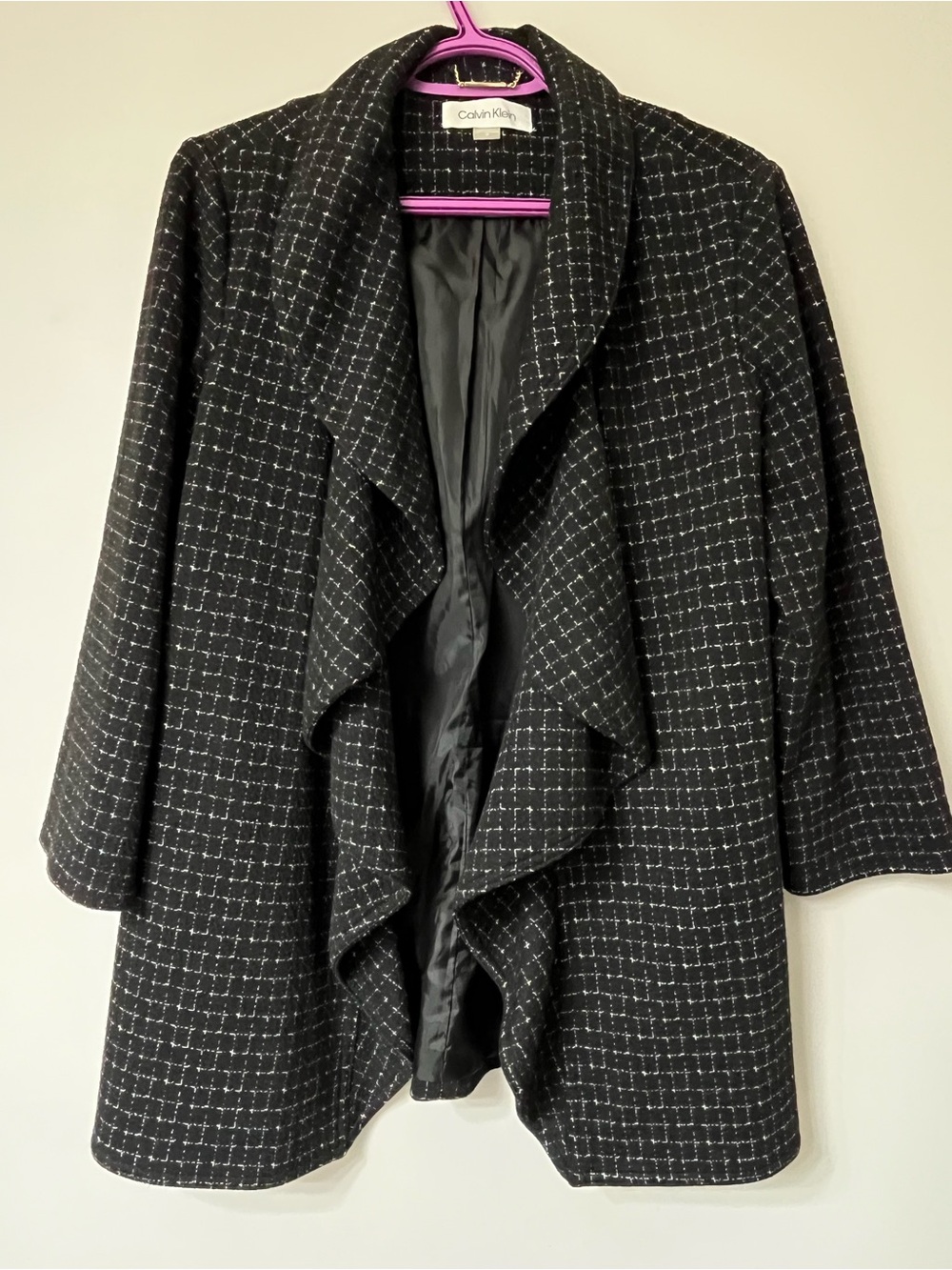 Calvin Klein Black & White Tweed Draped Open-Front Jacket 10